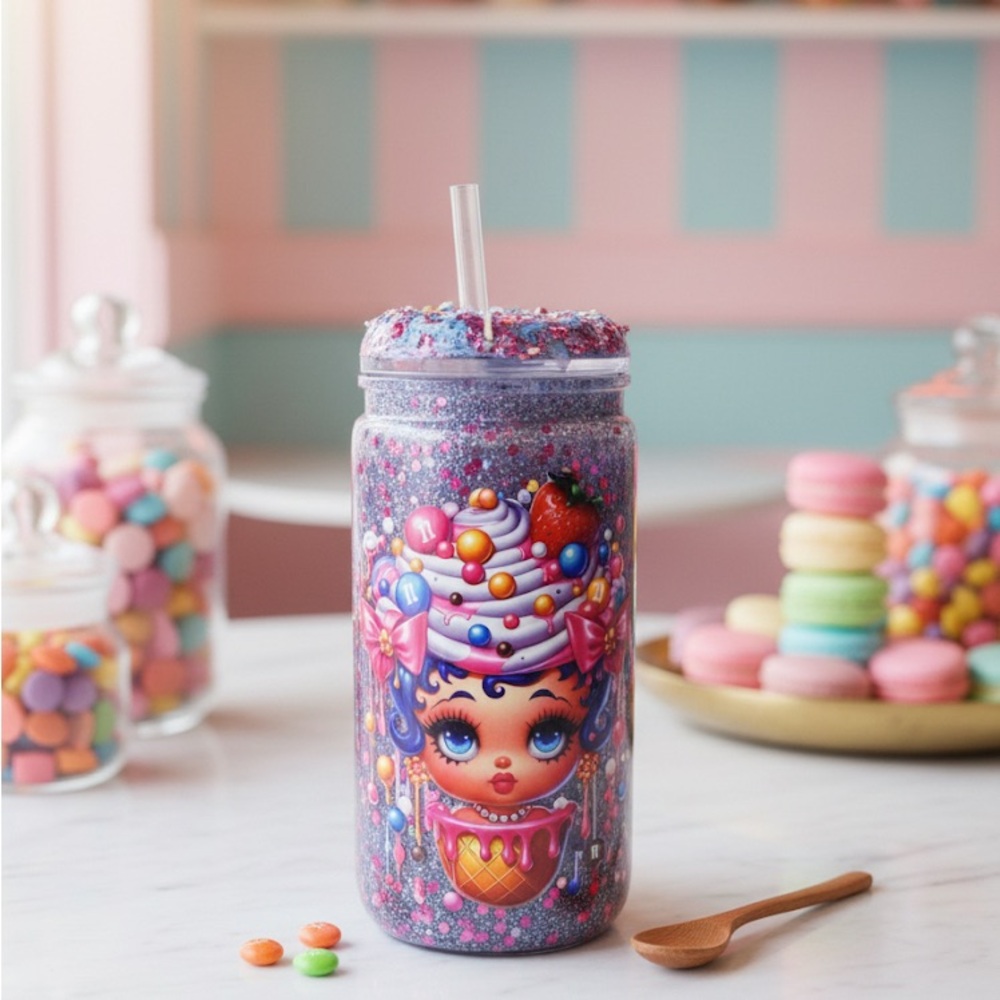 Colorful Glitter Tumbler with Ice Cream Design